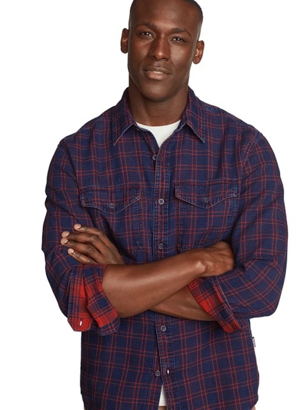 Eddie Bauer Men's Navy and Red Plaid Button-Up Shirt